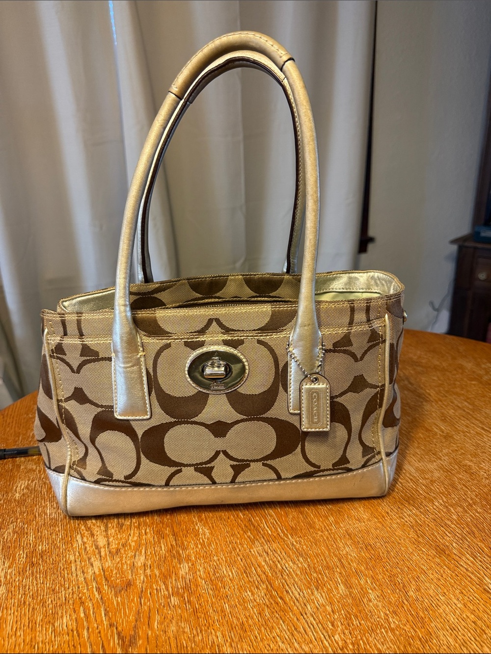 Coach Brown Signature Jacquard Tote with Gold Trim